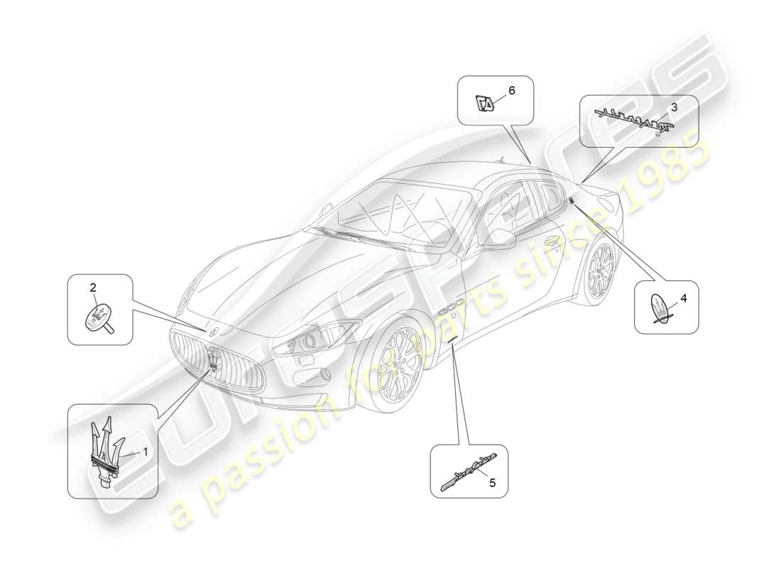 maserati granturismo (2011) diagramma delle parti di finiture, marchi e simboli