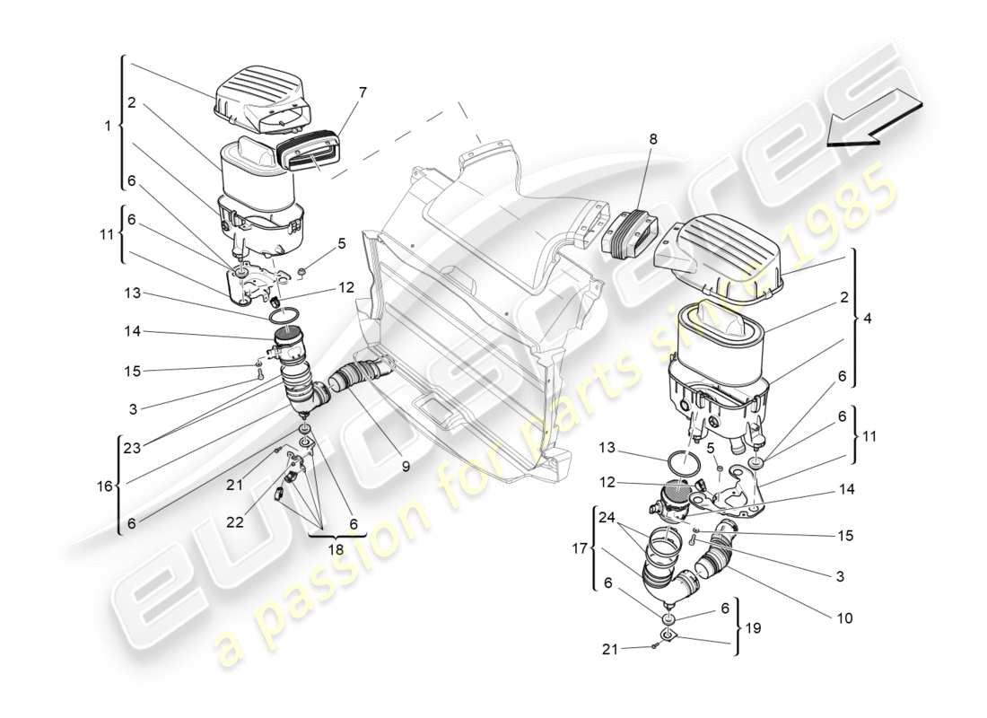 maserati qtp 3.0 bt v6 410hp (2014) diagramma delle parti del filtro dell'aria, della presa d'aria e dei condotti