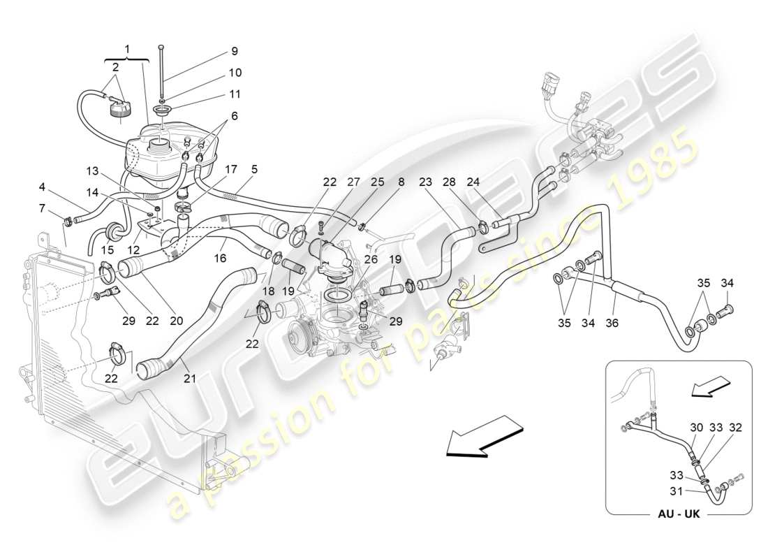 maserati granturismo (2010) sistema di raffreddamento: diagramma delle parti di nourice e linee