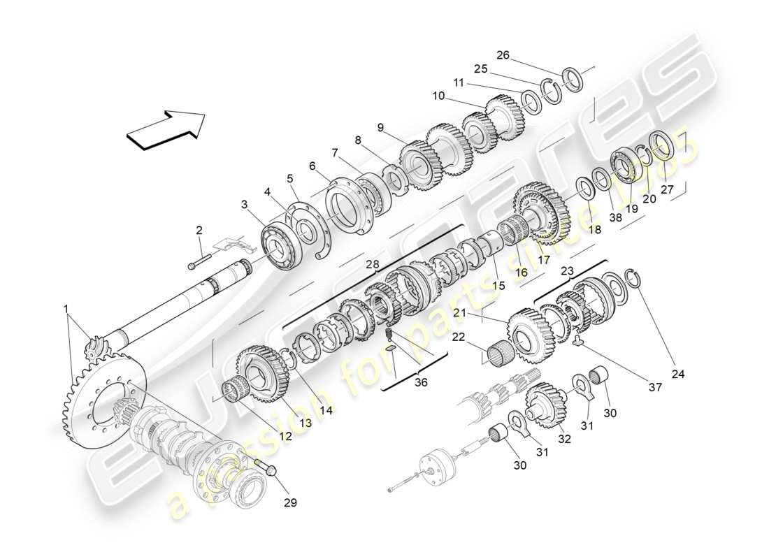 maserati granturismo (2010) diagramma delle parti degli ingranaggi dell'albero di rinvio