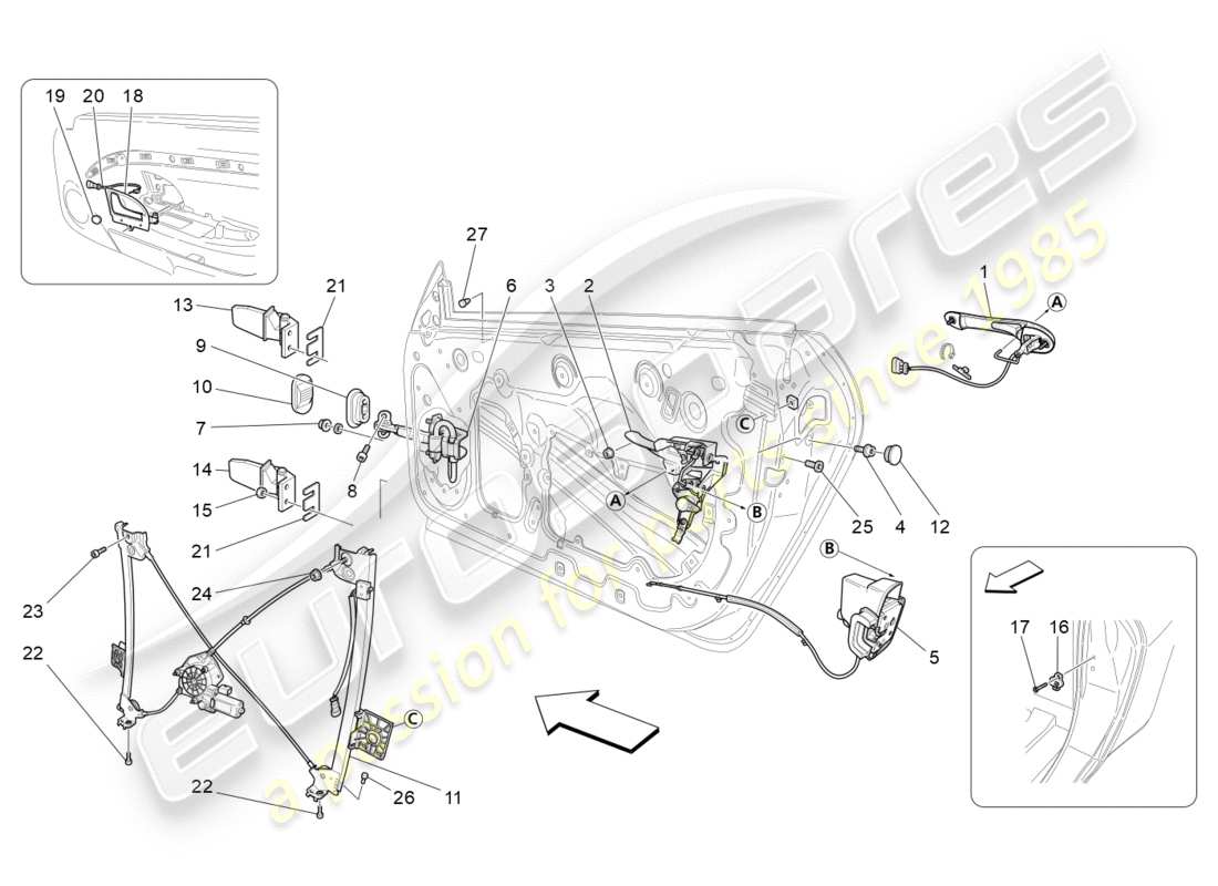 maserati granturismo s (2017) porte anteriori: diagramma delle parti dei meccanismi