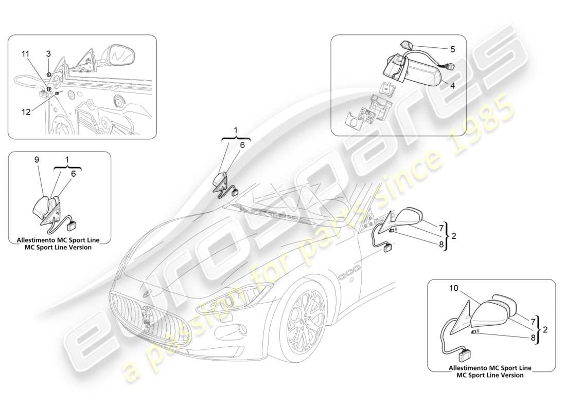 maserati granturismo s (2016) schema delle parti degli specchietti retrovisori interni ed esterni