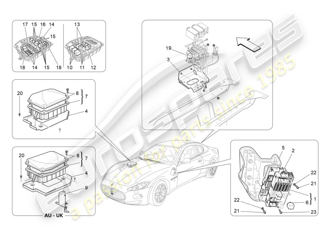 maserati granturismo s (2017) schema delle parti di relè, fusibili e scatole