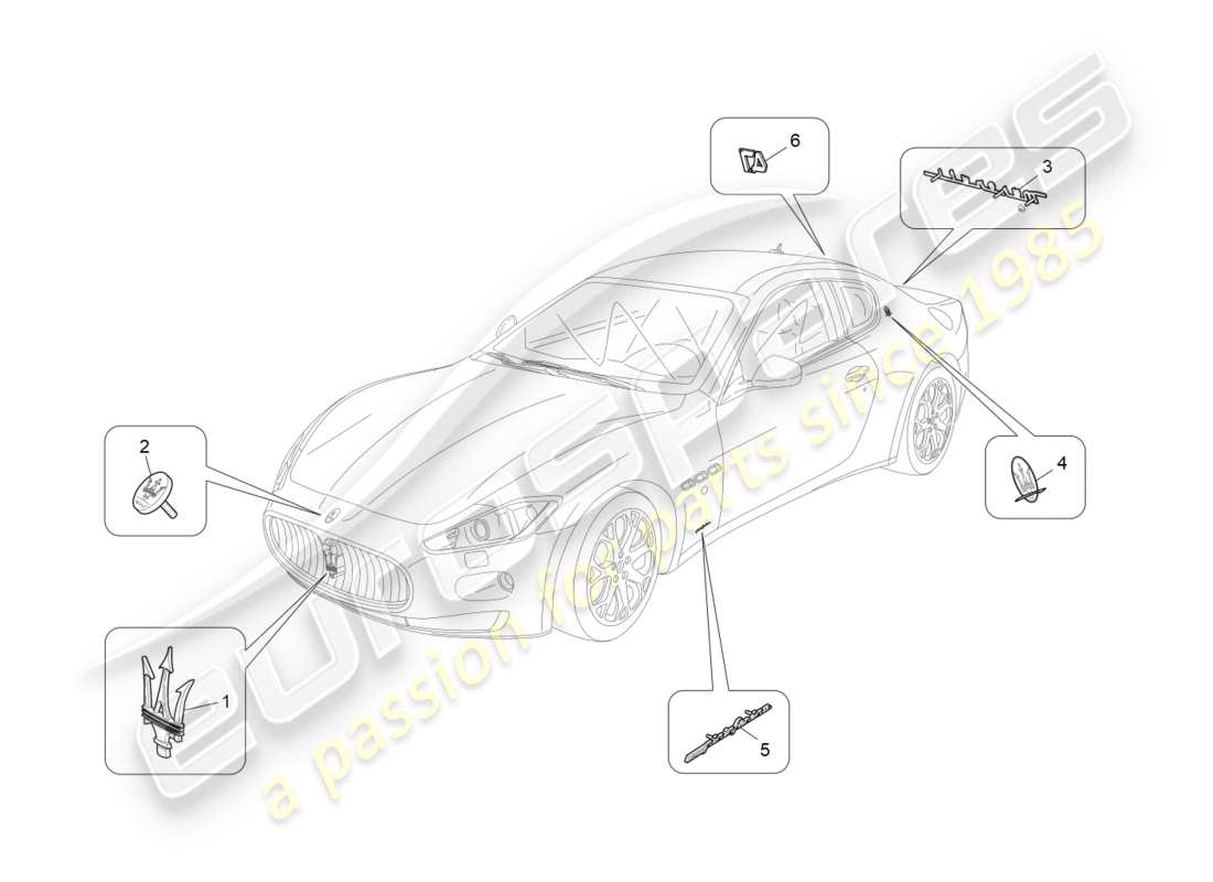 maserati granturismo (2010) diagramma delle parti di finiture, marchi e simboli