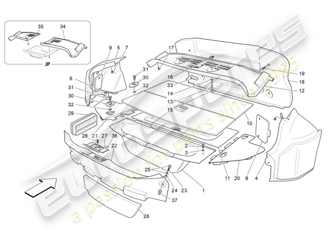 maserati granturismo (2010) diagramma delle parti dei tappetini del vano bagagli