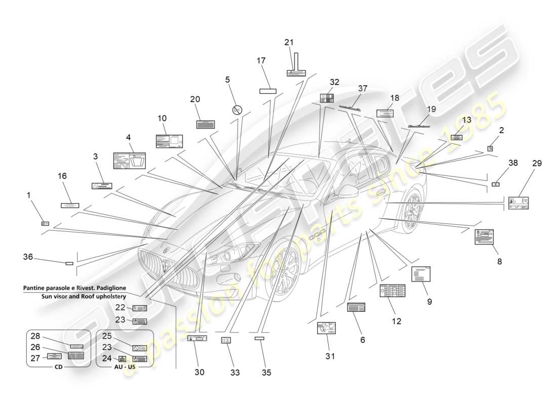 maserati granturismo (2010) diagramma delle parti di adesivi ed etichette