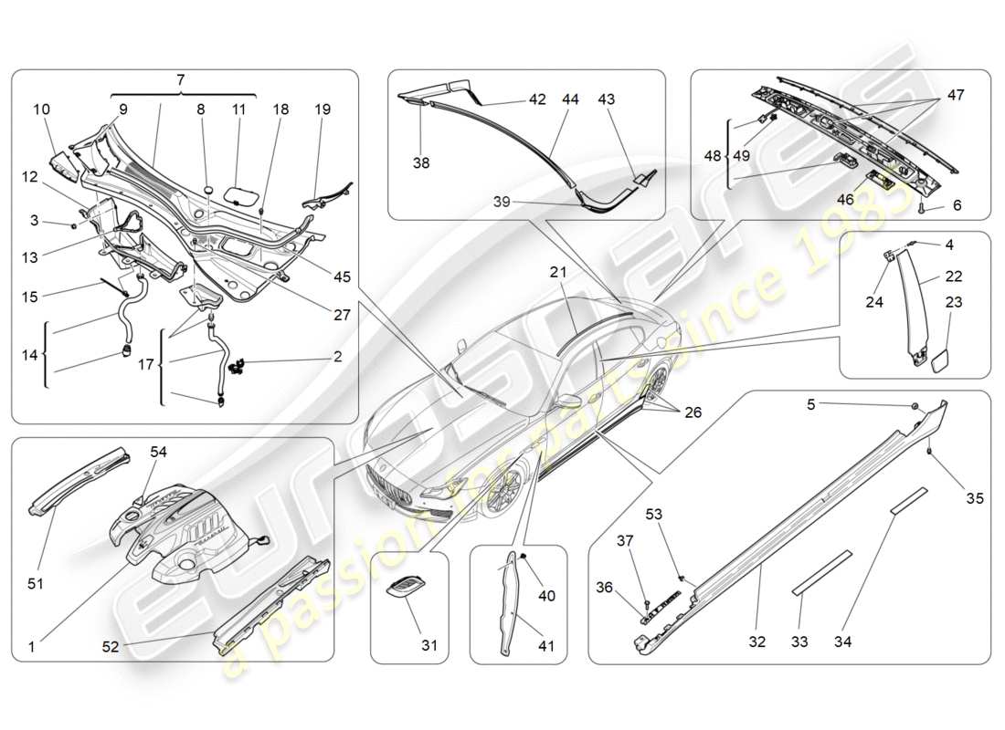 maserati qtp 3.0 tds v6 275hp (2015) schema delle parti di scudi, finiture e pannelli di copertura