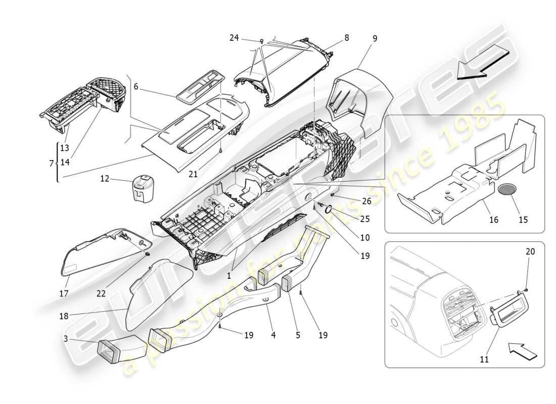 maserati qtp 3.0 tds v6 275hp (2015) schema delle parti della console accessoria e della console centrale