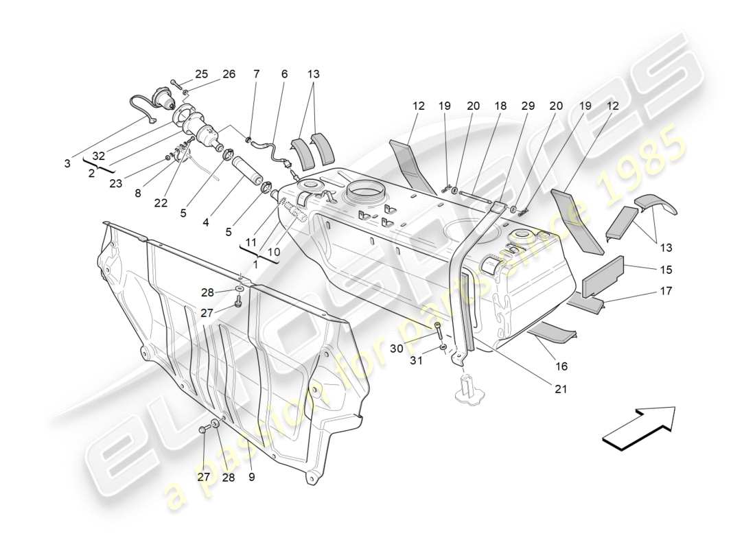 maserati granturismo (2010) diagramma delle parti del serbatoio del carburante