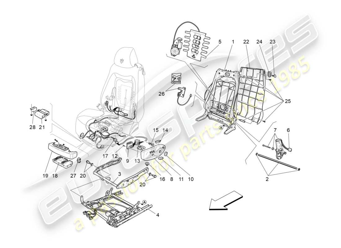 maserati granturismo (2010) sedili anteriori: diagramma delle parti meccaniche ed elettroniche