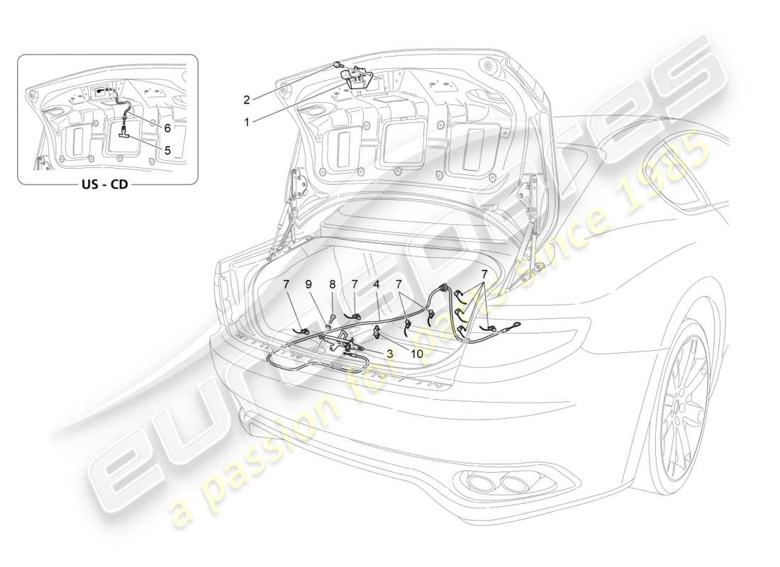 maserati granturismo s (2016) schema delle parti del controllo dell'apertura del cofano posteriore