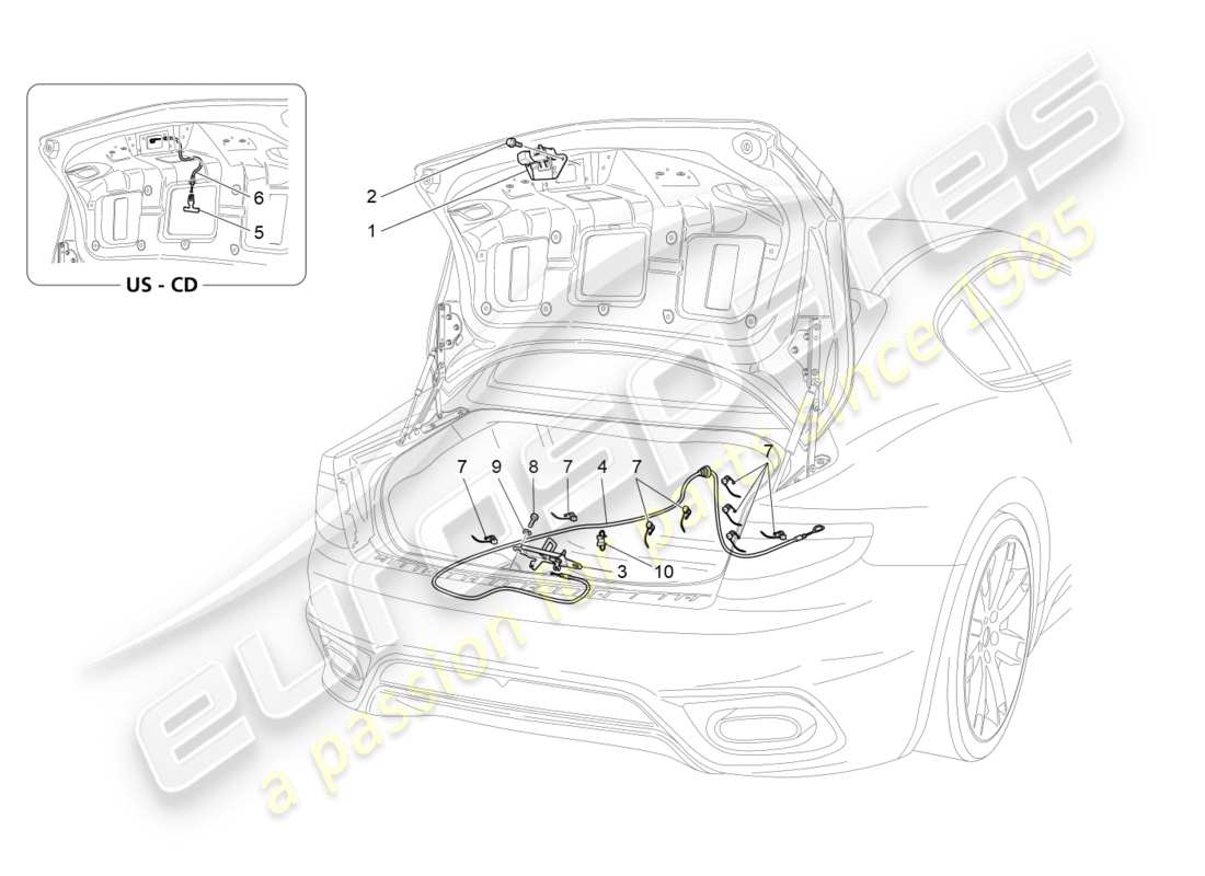 maserati granturismo s (2019) schema delle parti del controllo dell'apertura del cofano posteriore