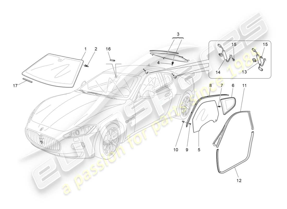 maserati granturismo s (2016) diagramma delle parti di finestre e strisce di finestre