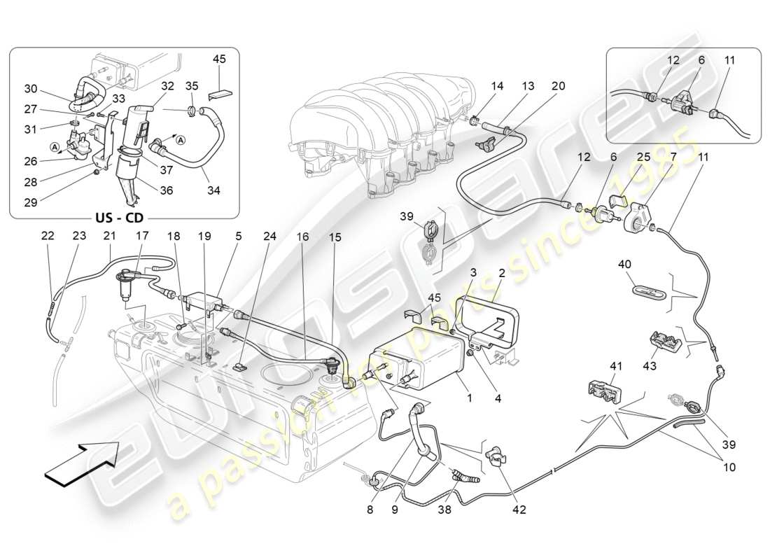 maserati granturismo s (2020) diagramma delle parti del sistema di ricircolo dei vapori di carburante