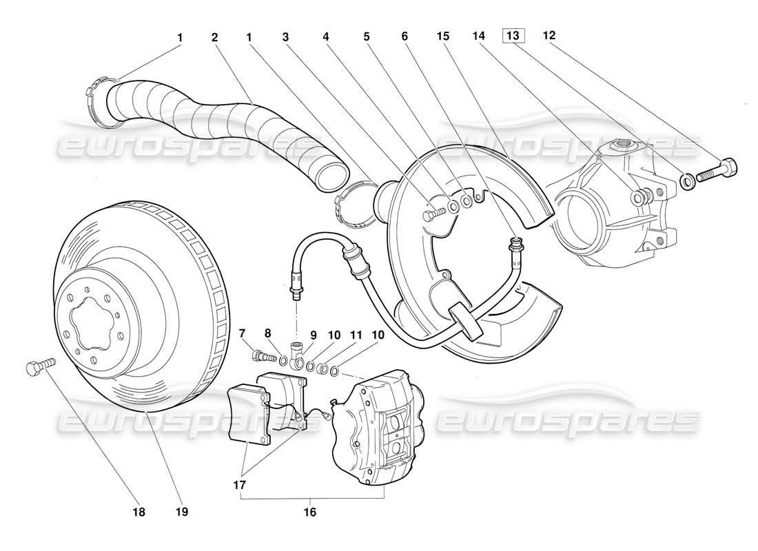 lamborghini diablo (1991) diagramma delle parti dei freni anteriori (valido per la versione 1992 di giugno).