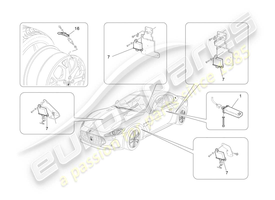 maserati granturismo s (2020) sistema di monitoraggio della pressione dei pneumatici schema delle parti