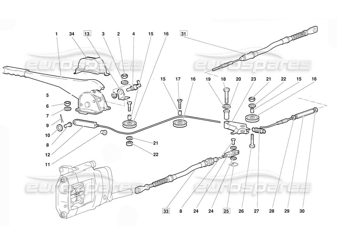 lamborghini diablo (1991) diagramma delle parti del freno a mano (valido per la versione 1992 di giugno).