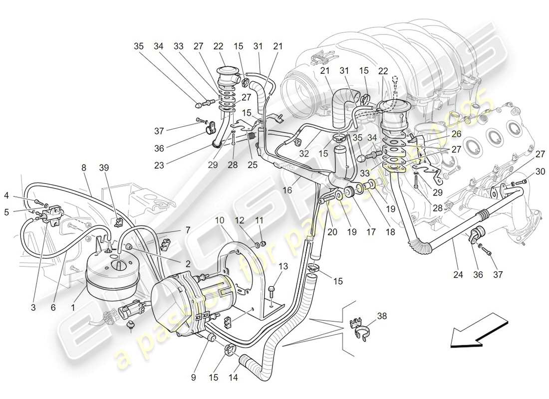 maserati granturismo (2009) diagramma delle parti del sistema d'aria aggiuntivo