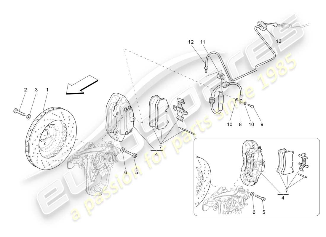 maserati granturismo (2011) schema parziale dei dispositivi di frenatura sulle ruote anteriori
