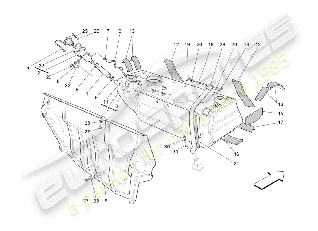 maserati granturismo (2013) diagramma delle parti del serbatoio del carburante