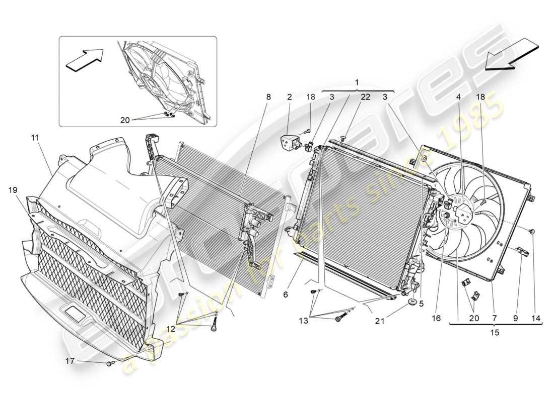 maserati qtp 3.0 bt v6 410hp (2014) raffreddamento: diagramma delle parti dei radiatori dell'aria e dei condotti