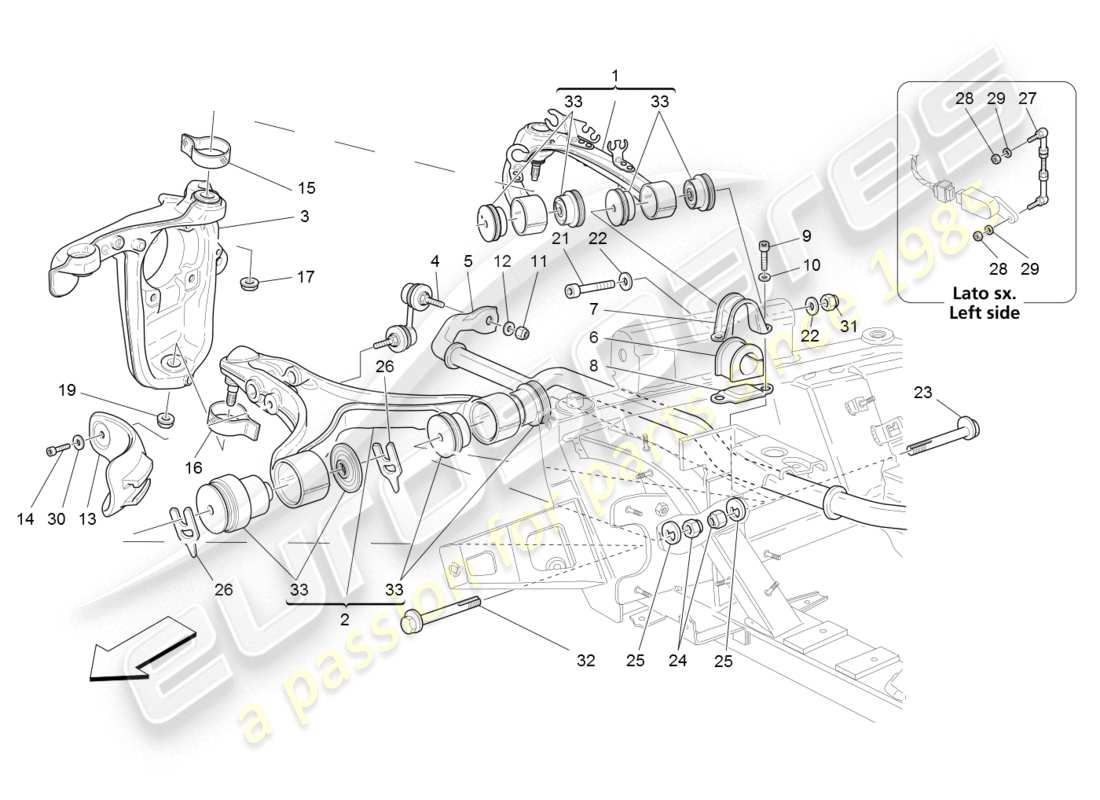 maserati granturismo (2008) diagramma delle parti della sospensione anteriore