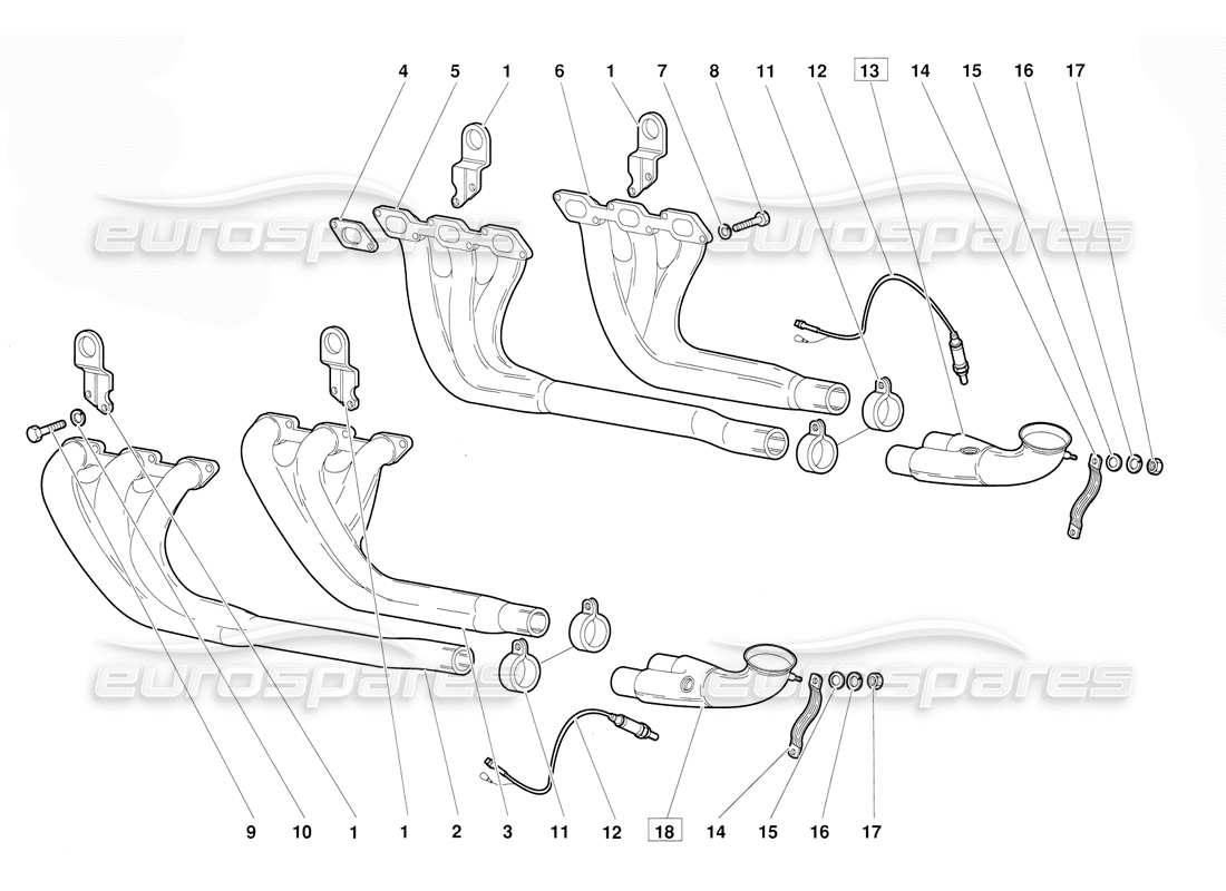 lamborghini diablo (1991) schema delle parti del sistema di scarico (valido per la versione 1992 di giugno).