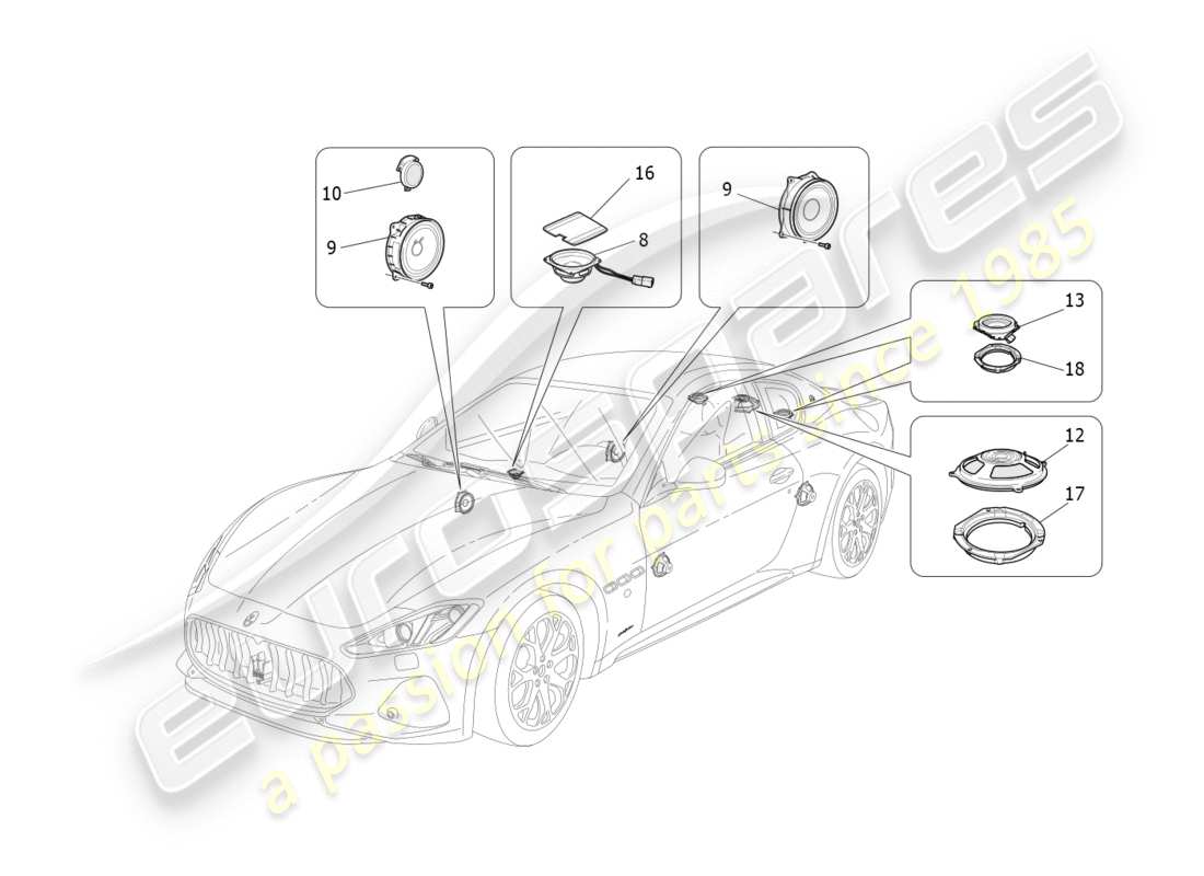 maserati granturismo s (2020) schema delle parti del sistema di diffusione del suono