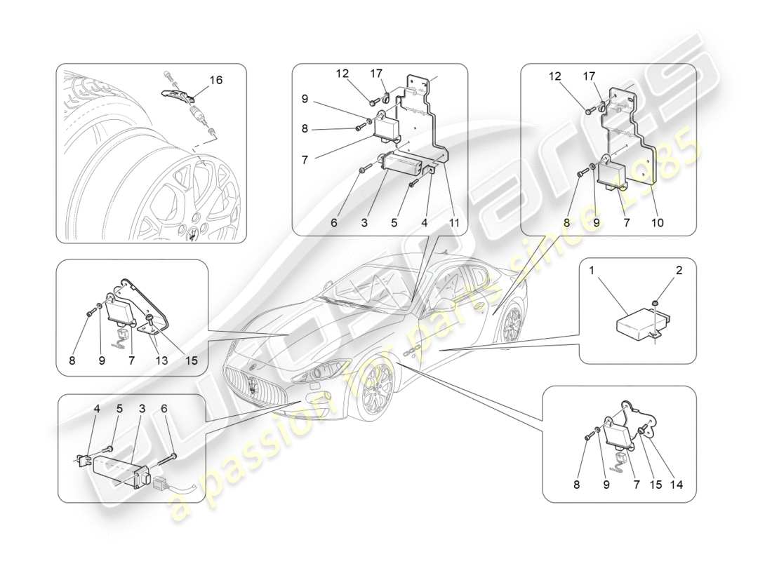 maserati granturismo (2016) sistema di monitoraggio della pressione dei pneumatici diagramma delle parti