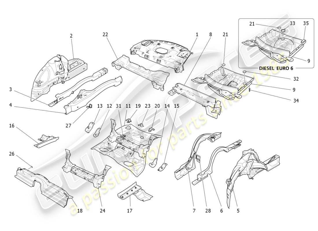 maserati qtp 3.0 tds v6 275hp (2015) schema delle parti dei telai strutturali posteriori e dei pannelli in lamiera