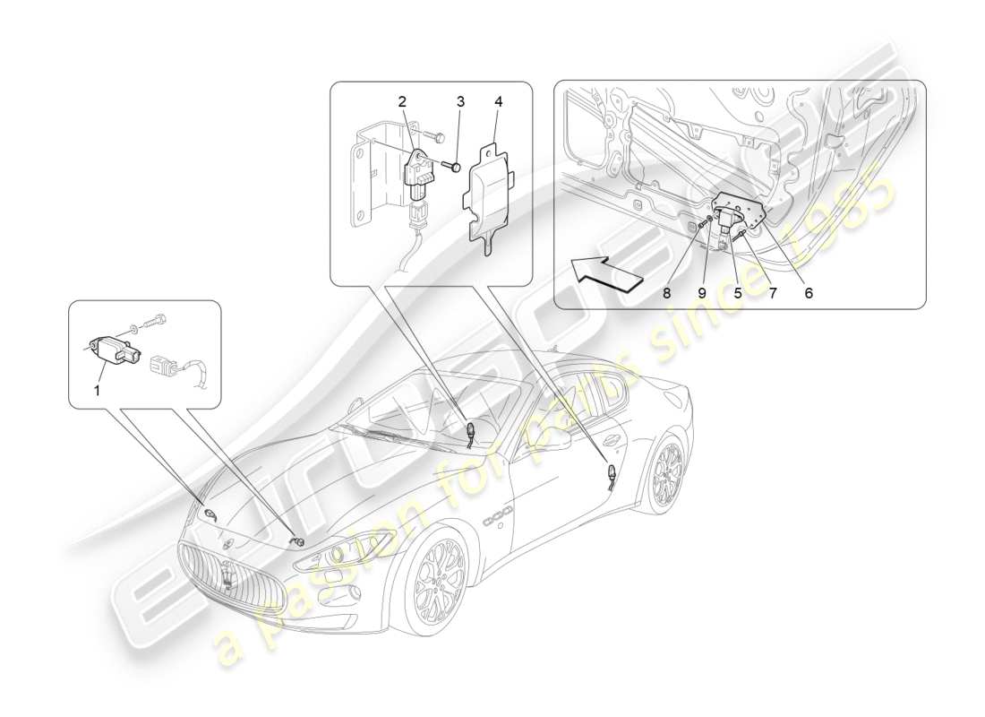 maserati granturismo s (2019) diagramma delle parti dei sensori di collisione