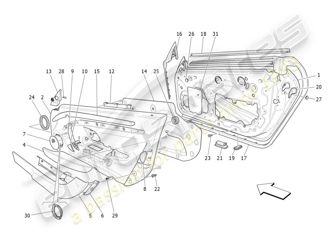 maserati granturismo s (2018) porte anteriori: diagramma delle parti dei pannelli di rivestimento