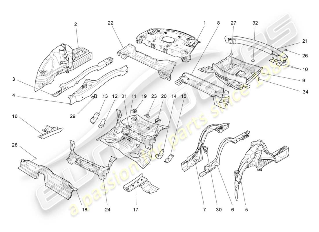 maserati qtp 3.0 tds v6 275hp (2015) schema delle parti dei telai strutturali posteriori e dei pannelli in lamiera