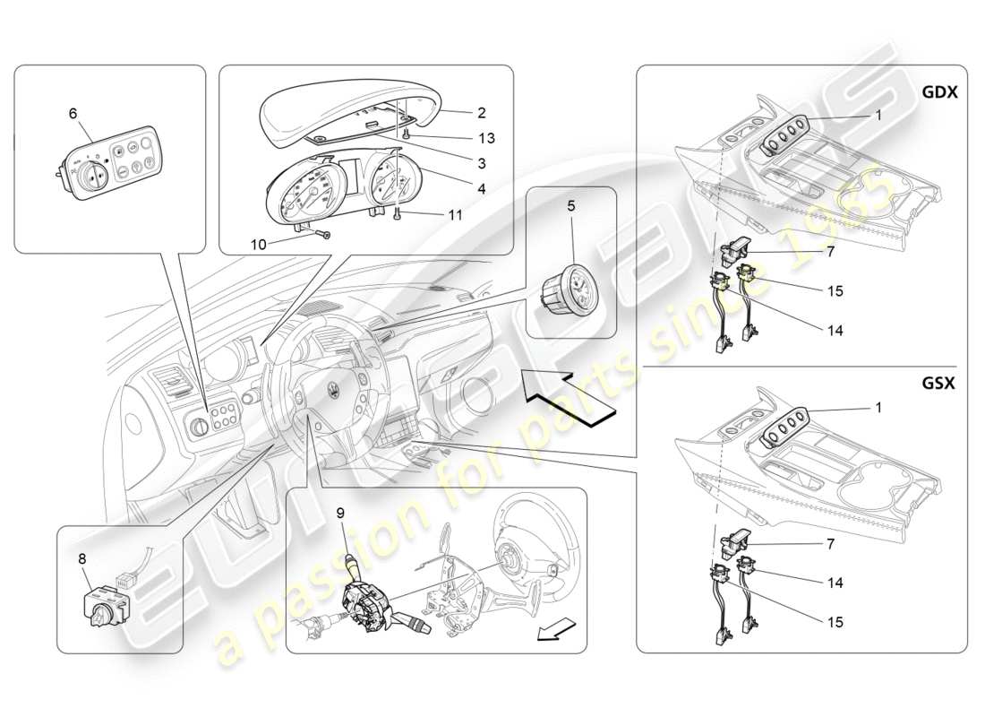 maserati granturismo s (2020) diagramma delle parti dei dispositivi del dashboard