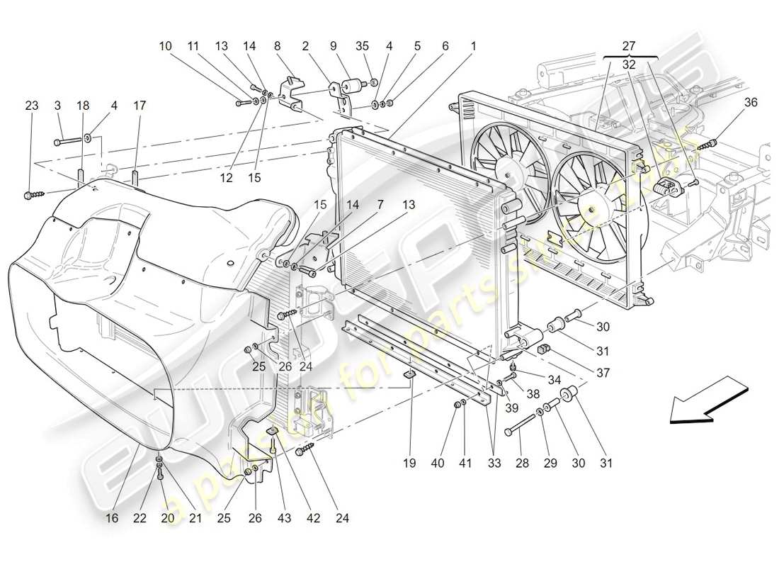 maserati granturismo (2009) raffreddamento: radiatori e condotti dell'aria diagramma delle parti