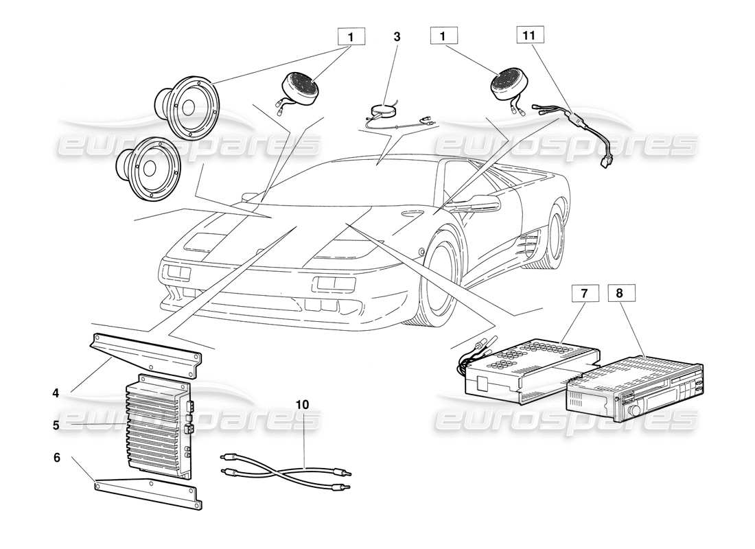 lamborghini diablo (1991) diagramma delle parti del set radio (valido per la versione 1992 di giugno).