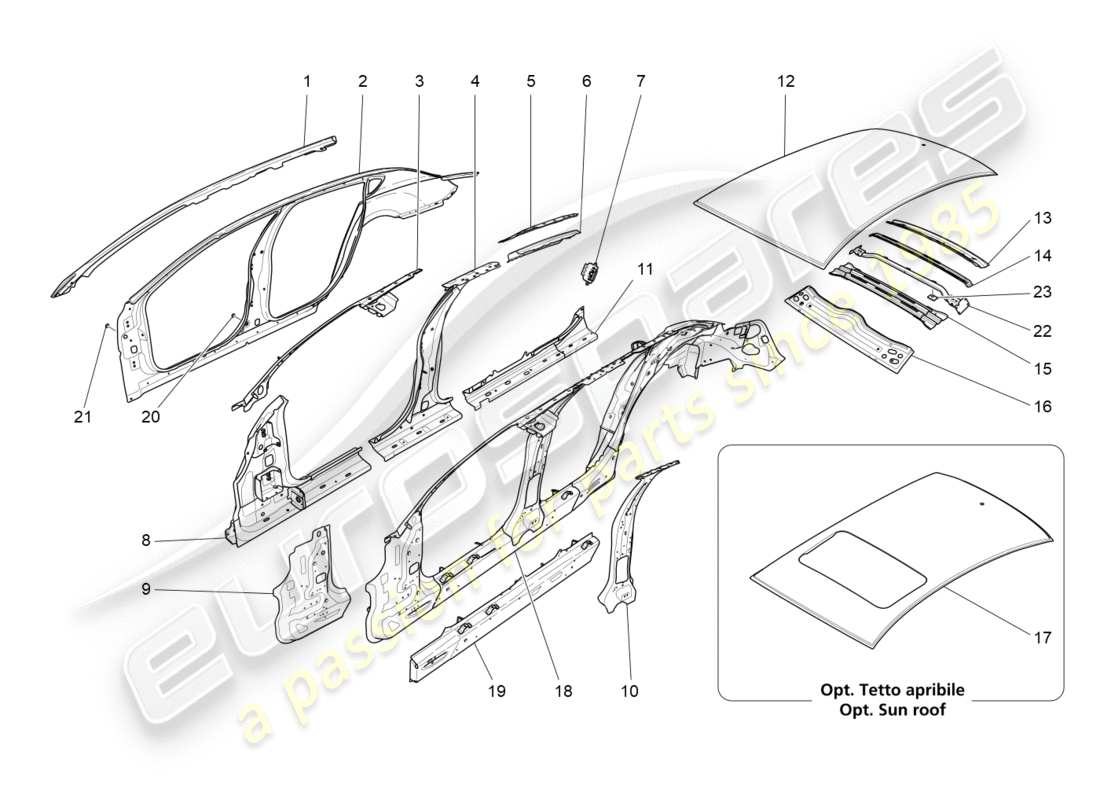 maserati qtp 3.0 tds v6 275hp (2015) schema delle parti della carrozzeria e dei pannelli di rivestimento esterni centrali