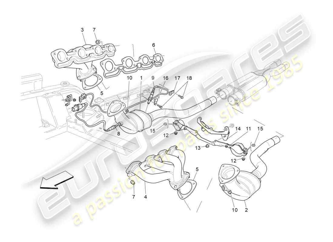 maserati granturismo s (2016) diagramma delle parti dei convertitori pre-catalitici e dei convertitori catalitici