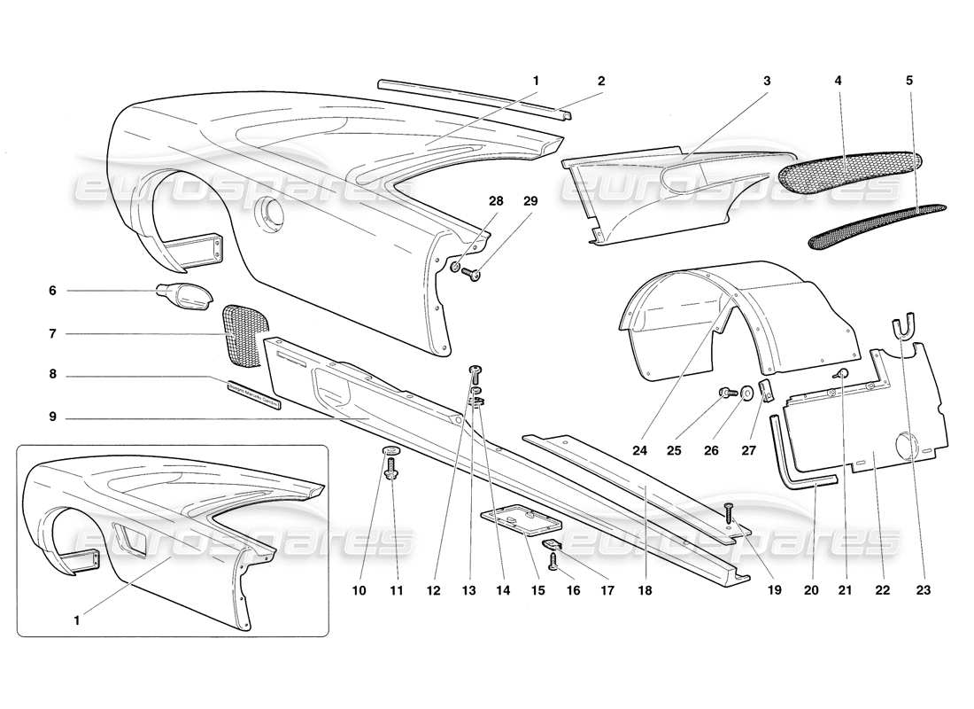 lamborghini diablo sv (1998) elementi del corpo: diagramma della parte del fianco destro