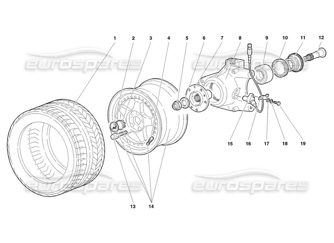 lamborghini diablo sv (1998) schema delle parti della ruota anteriore e del supporto del mozzo