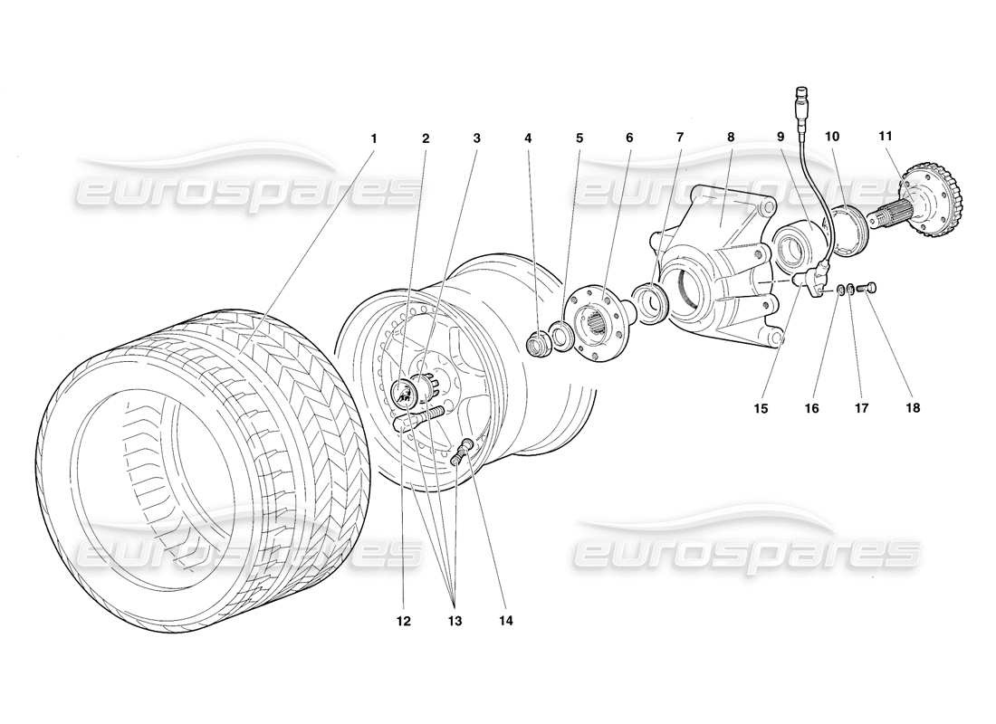 lamborghini diablo sv (1998) schema delle parti della ruota posteriore e del supporto del mozzo