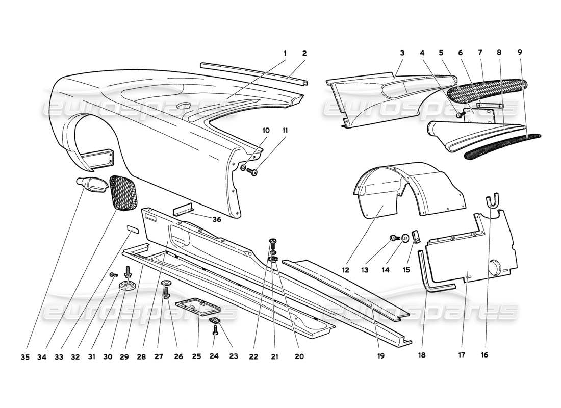 lamborghini diablo 6.0 (2001) elementi del corpo: diagramma della parte del lato destro