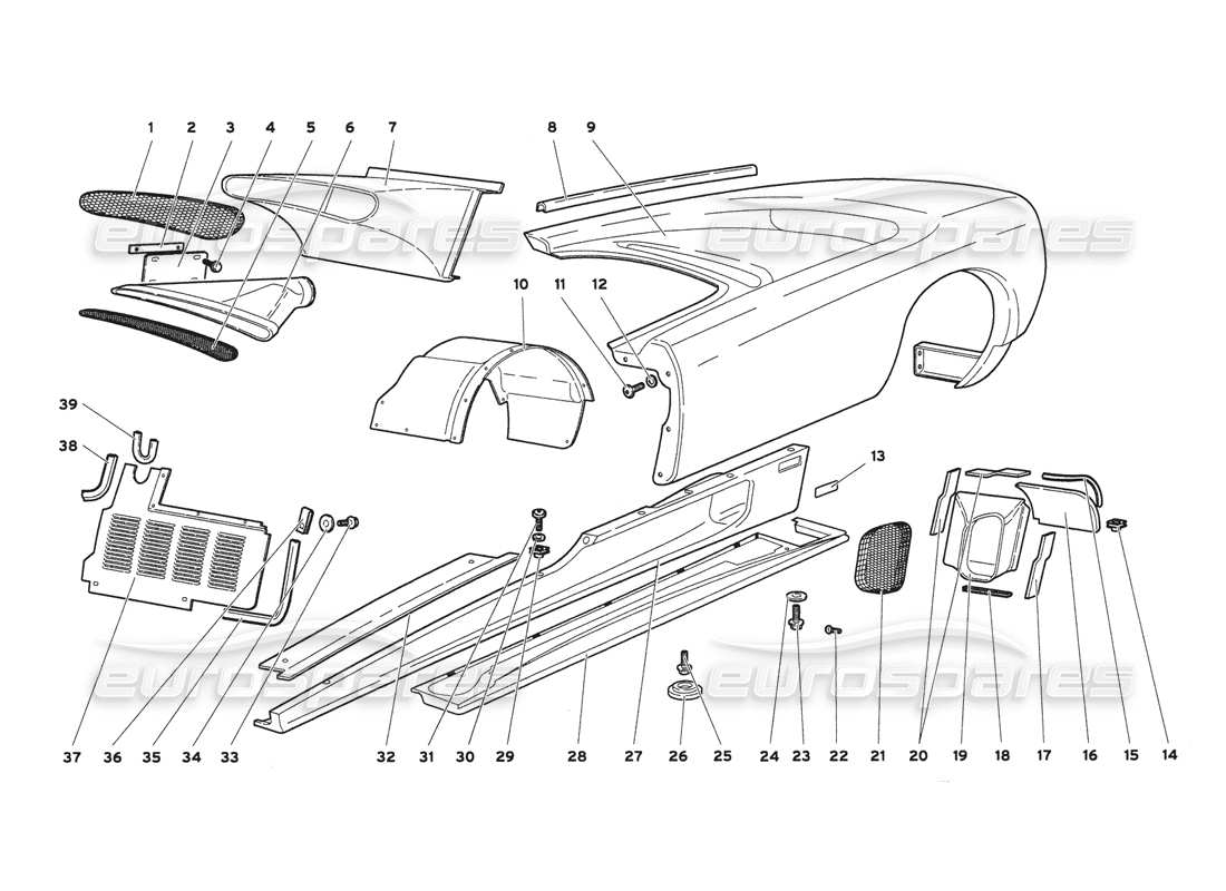 lamborghini diablo 6.0 (2001) elementi del corpo: diagramma della parte del lato sinistro