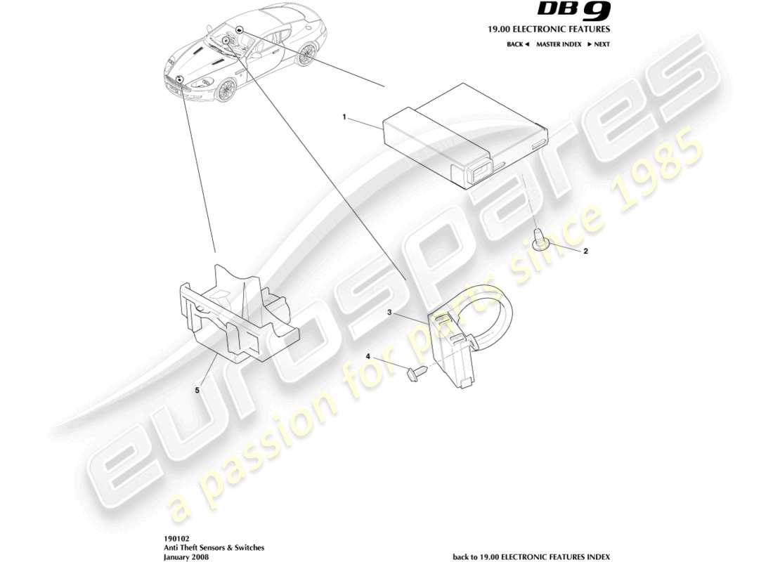 aston martin db9 (2011) diebstahlschutzsensoren und -schalter teilediagramm