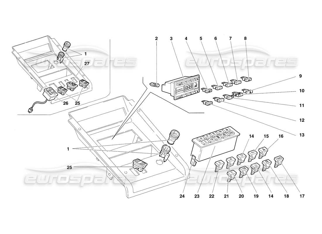 lamborghini diablo sv (1998) diagramma delle parti degli strumenti del pannello tunnel