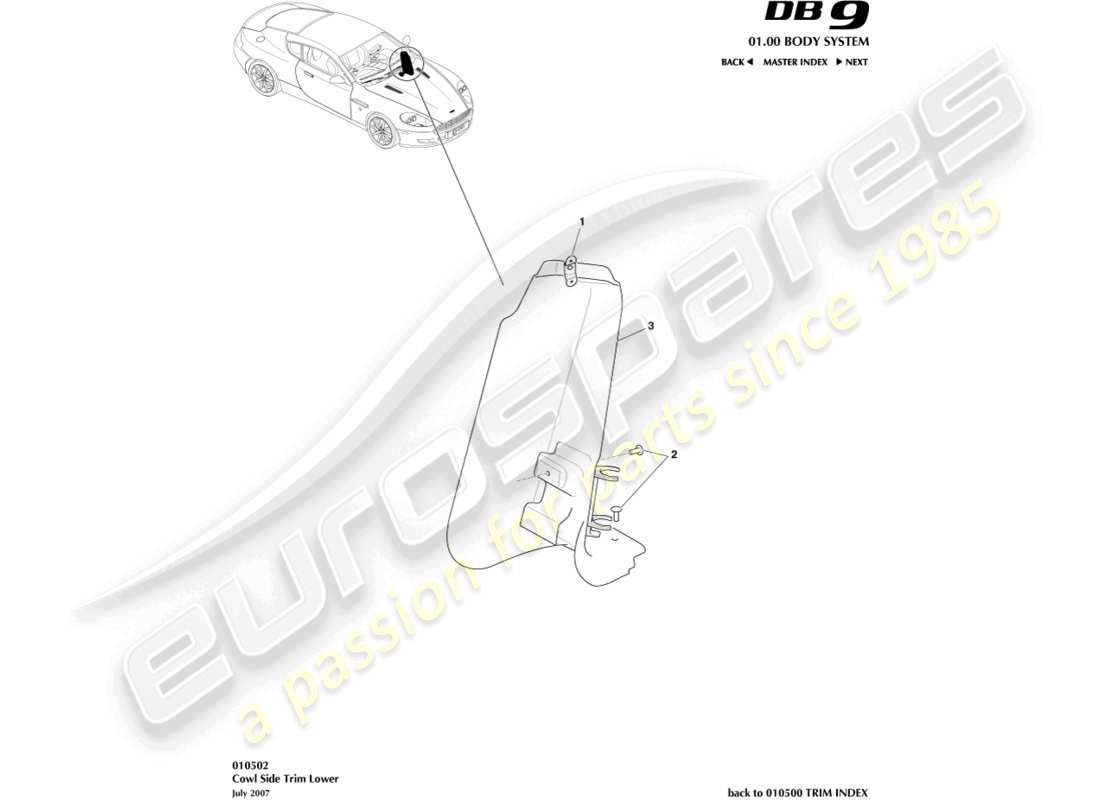 aston martin db9 (2007) rivestimento laterale del cappuccio, diagramma della parte inferiore