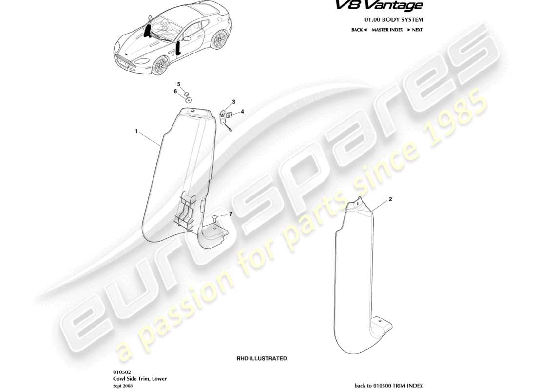 aston martin v8 vantage (2012) rivestimento laterale del cappuccio, diagramma della parte inferiore