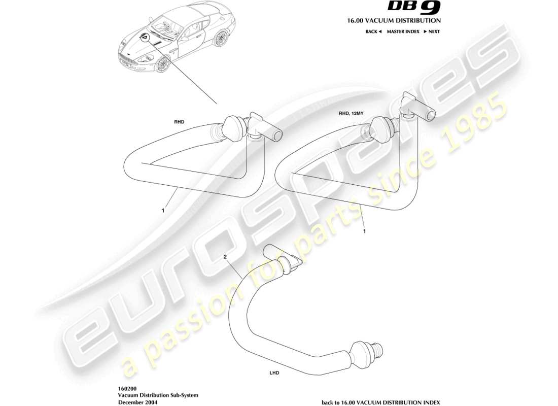 aston martin db9 (2007) diagramma delle parti del sottosistema di distribuzione del vuoto