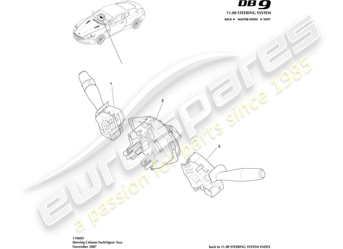 aston martin db9 (2007) interruttore piantone dello sterzo schema delle parti
