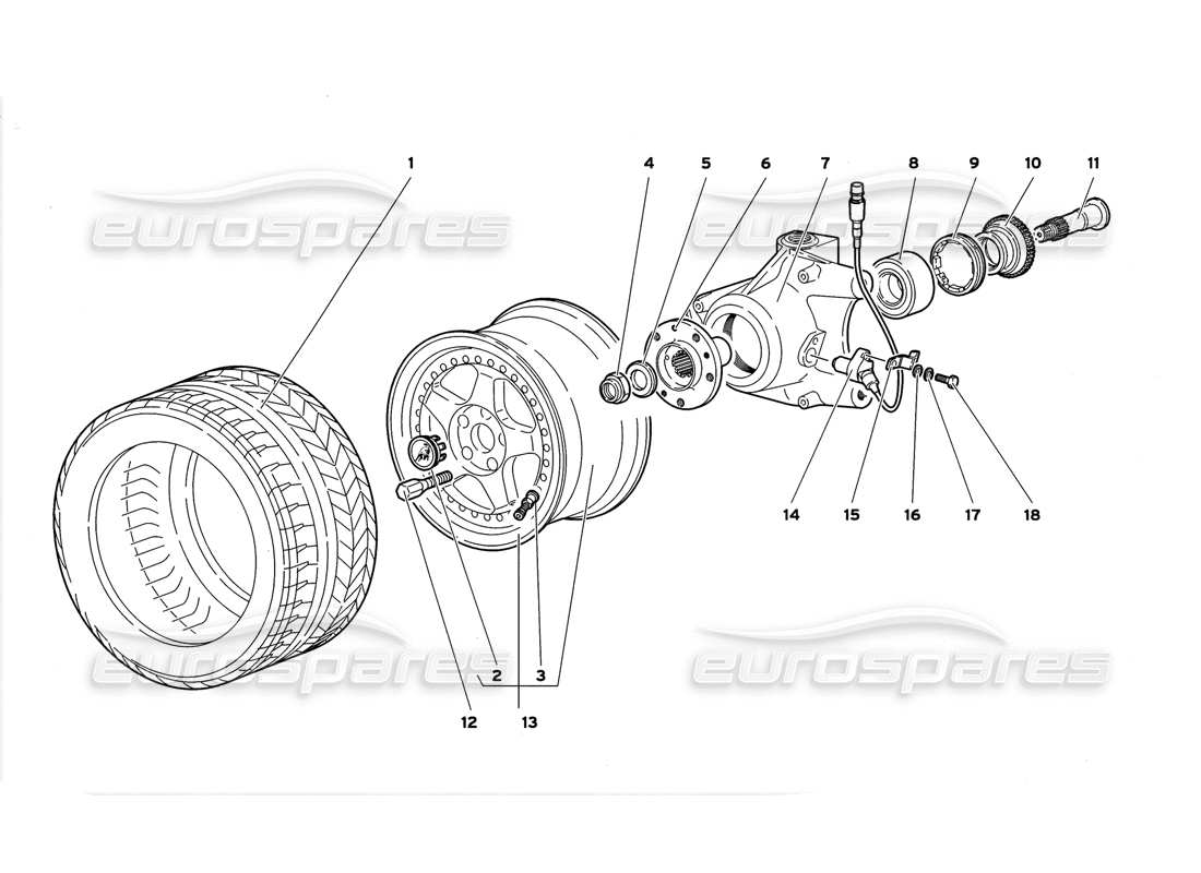 lamborghini diablo gt (1999) schema delle parti della ruota anteriore e del supporto del mozzo